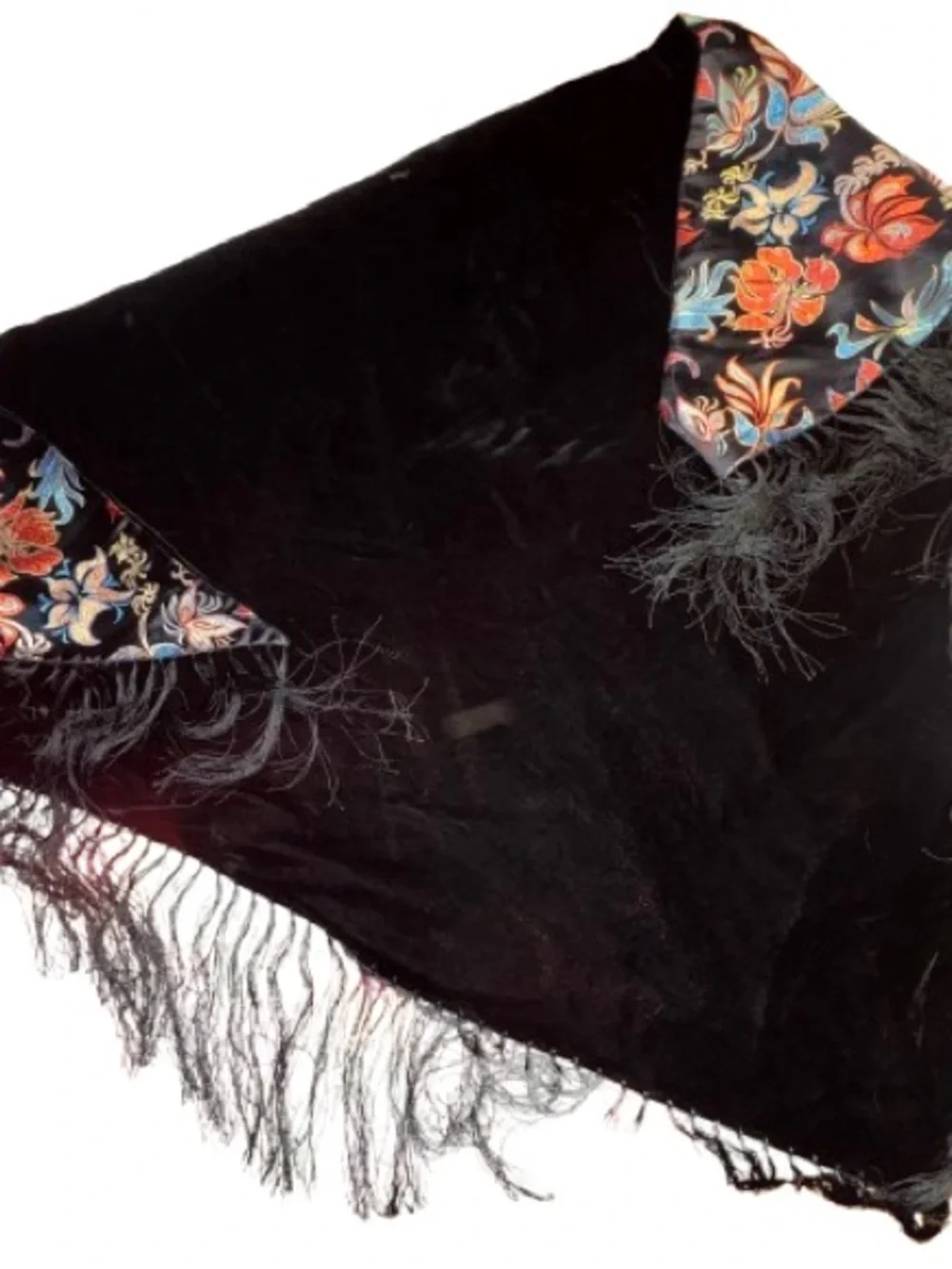 black floral embroidered silk like boho shawl featuring long fringe trim